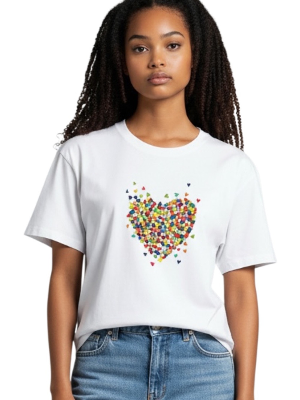 SHEIN White Short Sleeve Tee with Multicolor Heart Print